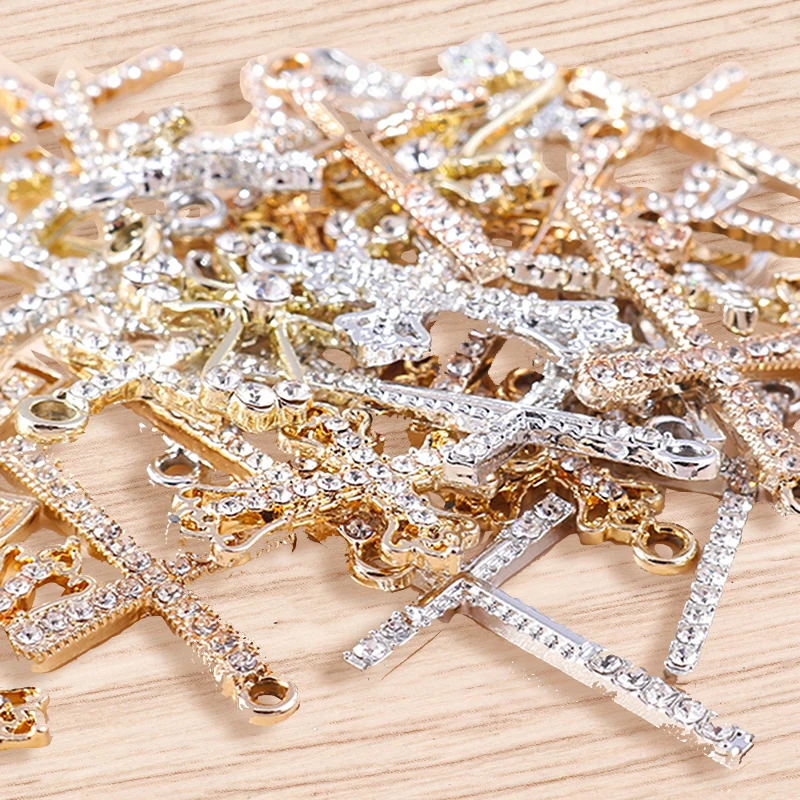 Tusember 10 Stück gold- und silberfarbene CZ-Kristall-Kreuzanhänger, Kreuzanhänger für die Schmuckherstellung, Ohrringe, Halskette, DIY-Zubehör – Detail 3