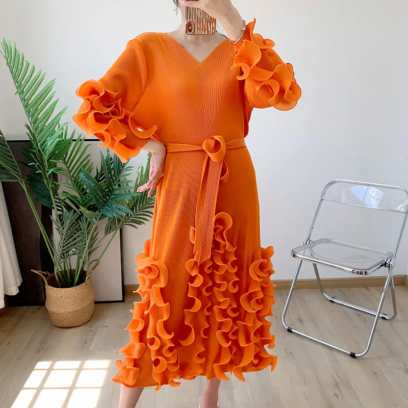 EGRM 2024 Spring New Solid Pleated Dress Ruffle Edge V-Neck Long Sleeved with Belt Dresses Elegant Women\'s Clothing 6RG72391