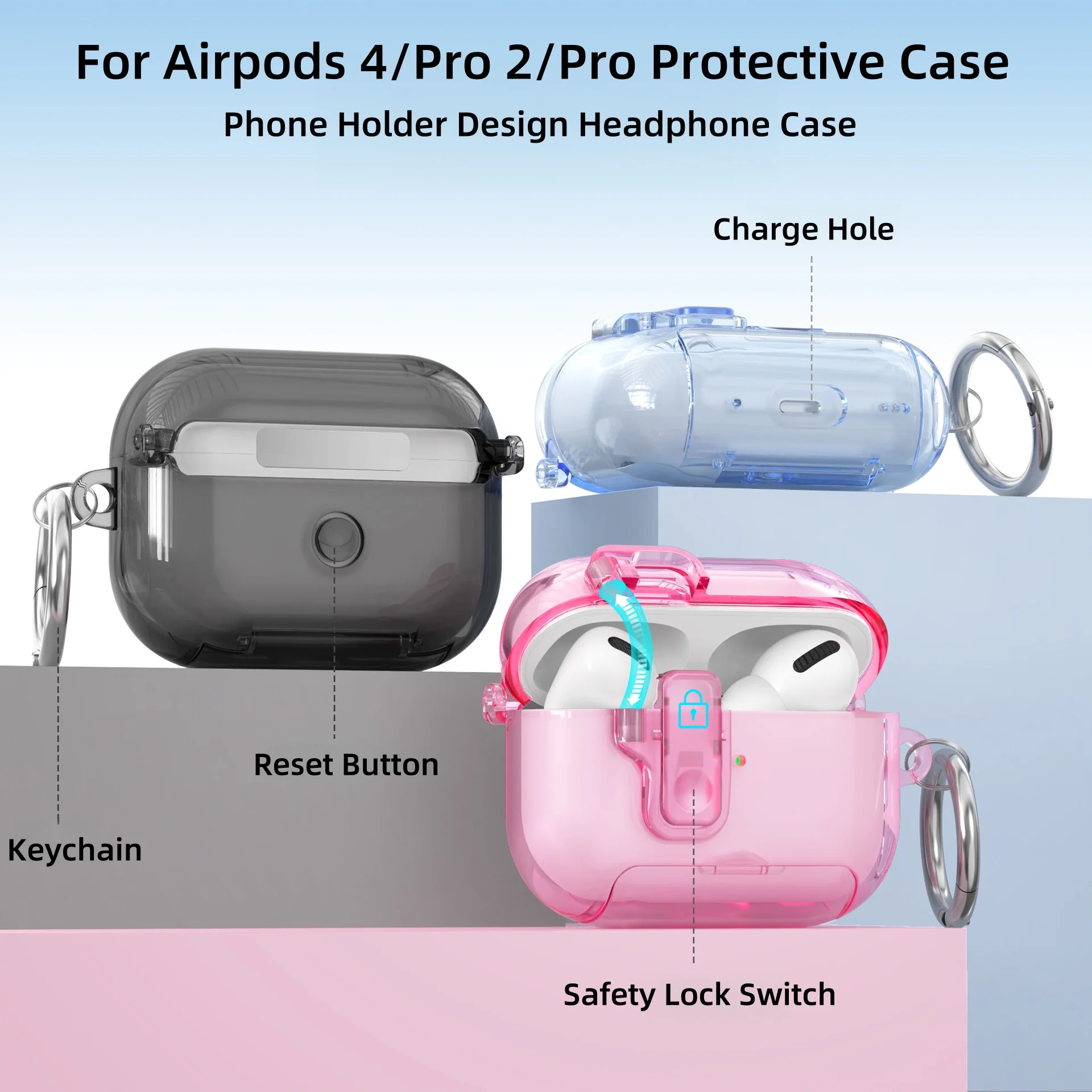 2025 for New AirPods Pro 3 Case with Phone Stand & Secure Lock Clear Cover with Cleaning Kit & Keychain For AirPods 4/Pro 2/Pro