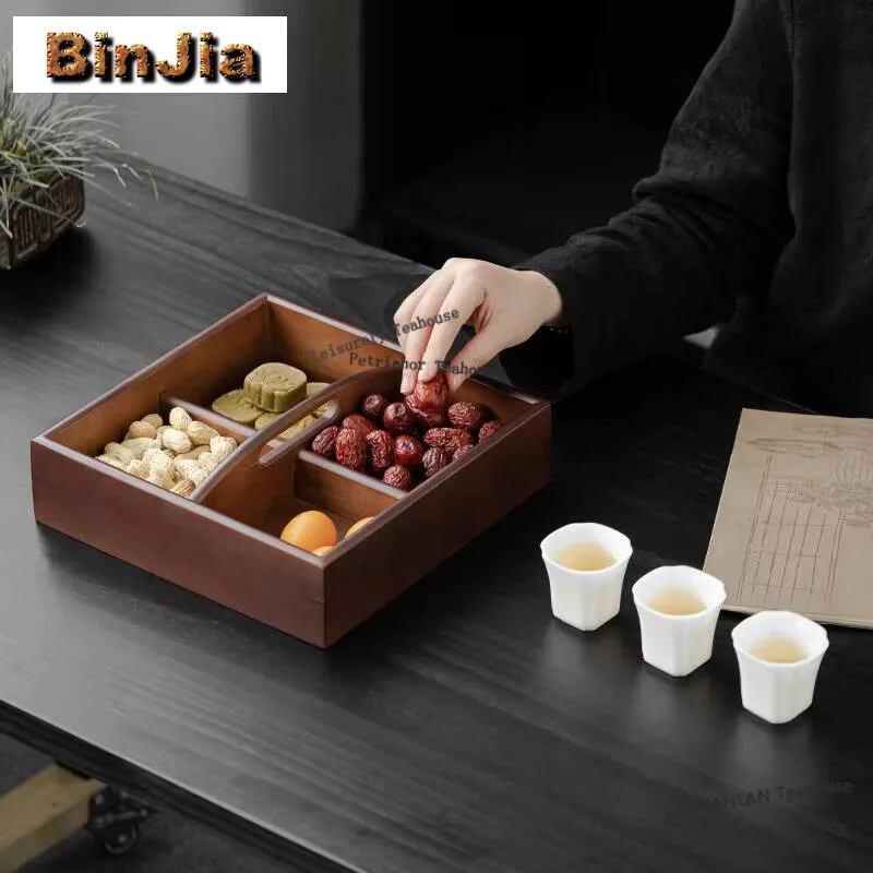 

Портативная коробка для сухофруктов из грецкого ореха с четырьмя сетками для приготовления чайной плиты, креативный поднос для закусок, принадлежности для дыни и тарелок для домашней гостиной