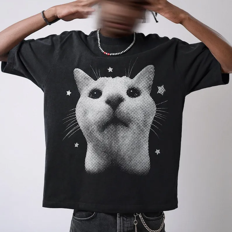 面白いY2K風の面白い猫プリントコットンTシャツ、90年代レトロ子猫ヴィンテージグラフィックTシャツ、猫好きへのギフト、ミームTシャツ、男女兼用トップス
