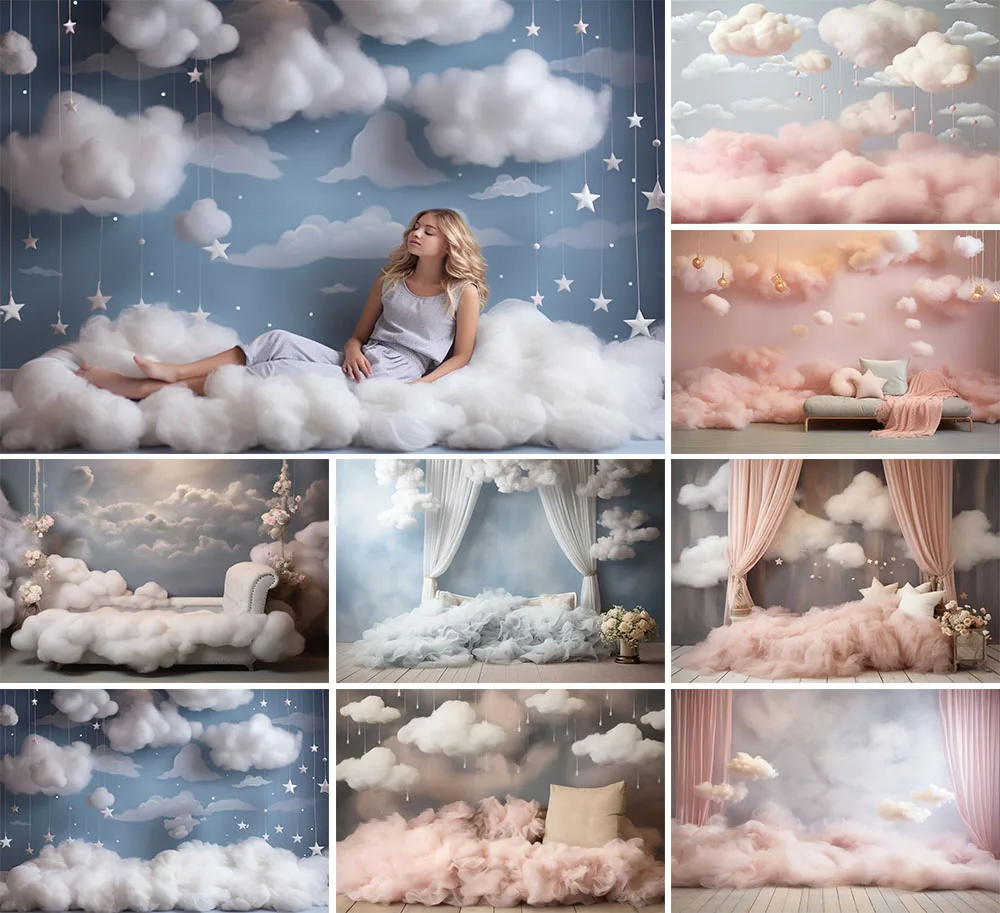 Mehofond Fotografie Achtergrond Dromerige Wolken Roze Gordijn Kind Verjaardagsfeestje Taart Samsh Portret Decor Achtergrond Fotostudio