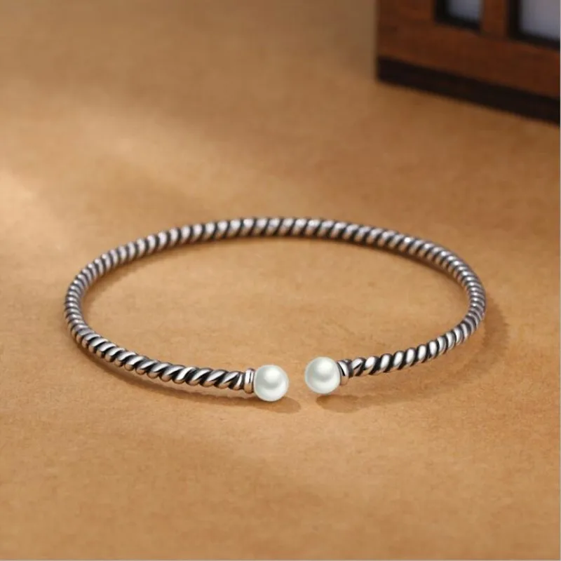 Exquisite Personality 925 Sterling Silver Jewelry Thai Silver Stranded Teeth Natural Double Bead Pearl Simple Bracelet  SL048