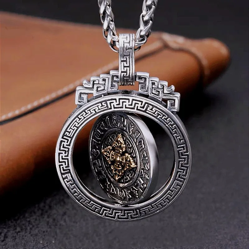 Retro Amulet Nine Palaces Bagua Pendant Tibetan silver Shurangama Mantra Necklace rotatable Pendant Mantra Buddhist jewelry