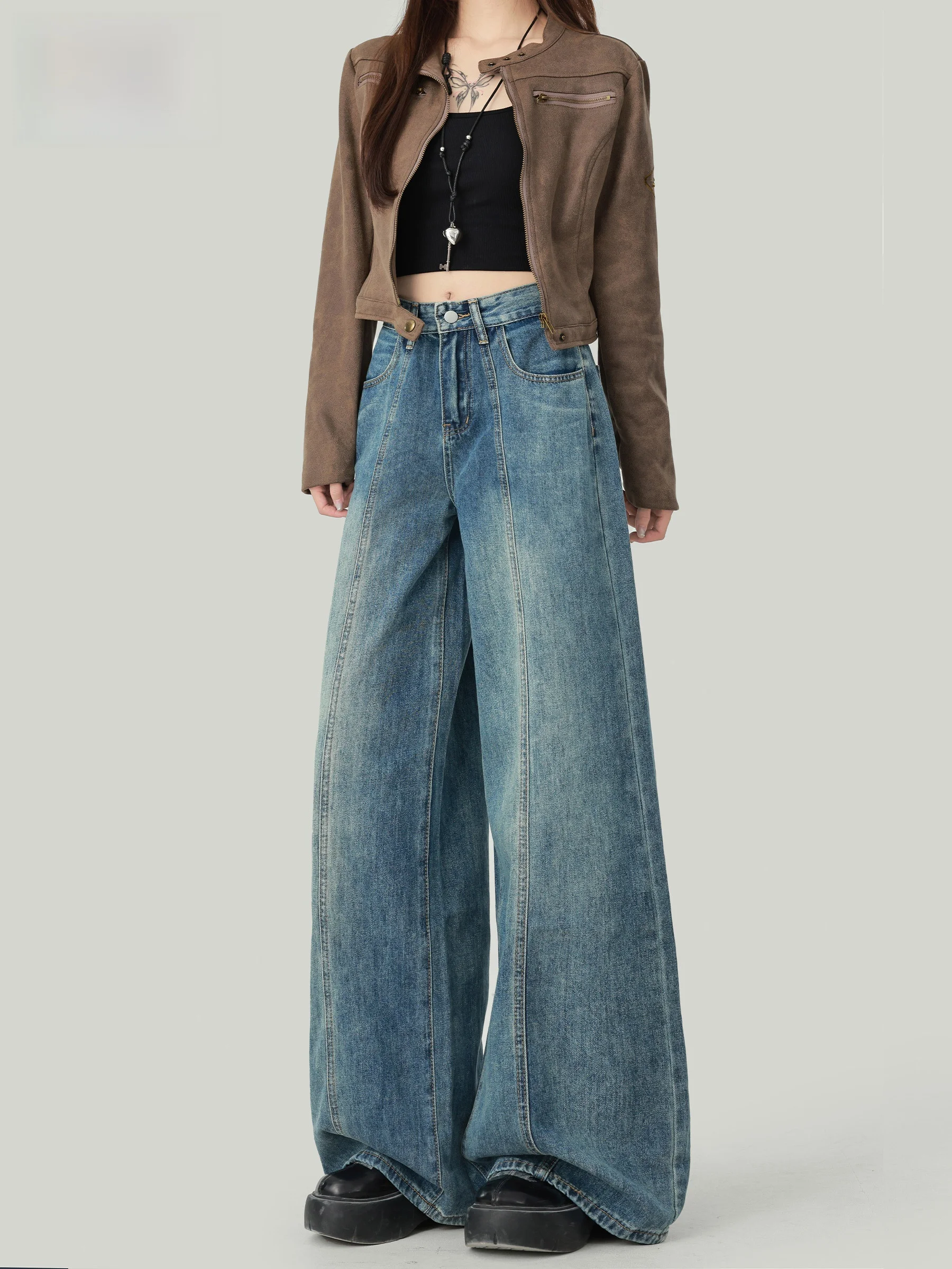 

American Style High Waist Wide Leg Denim Jeans Women's Loose Design Sense Retro Straight Floor-Length Pants Deep Blue