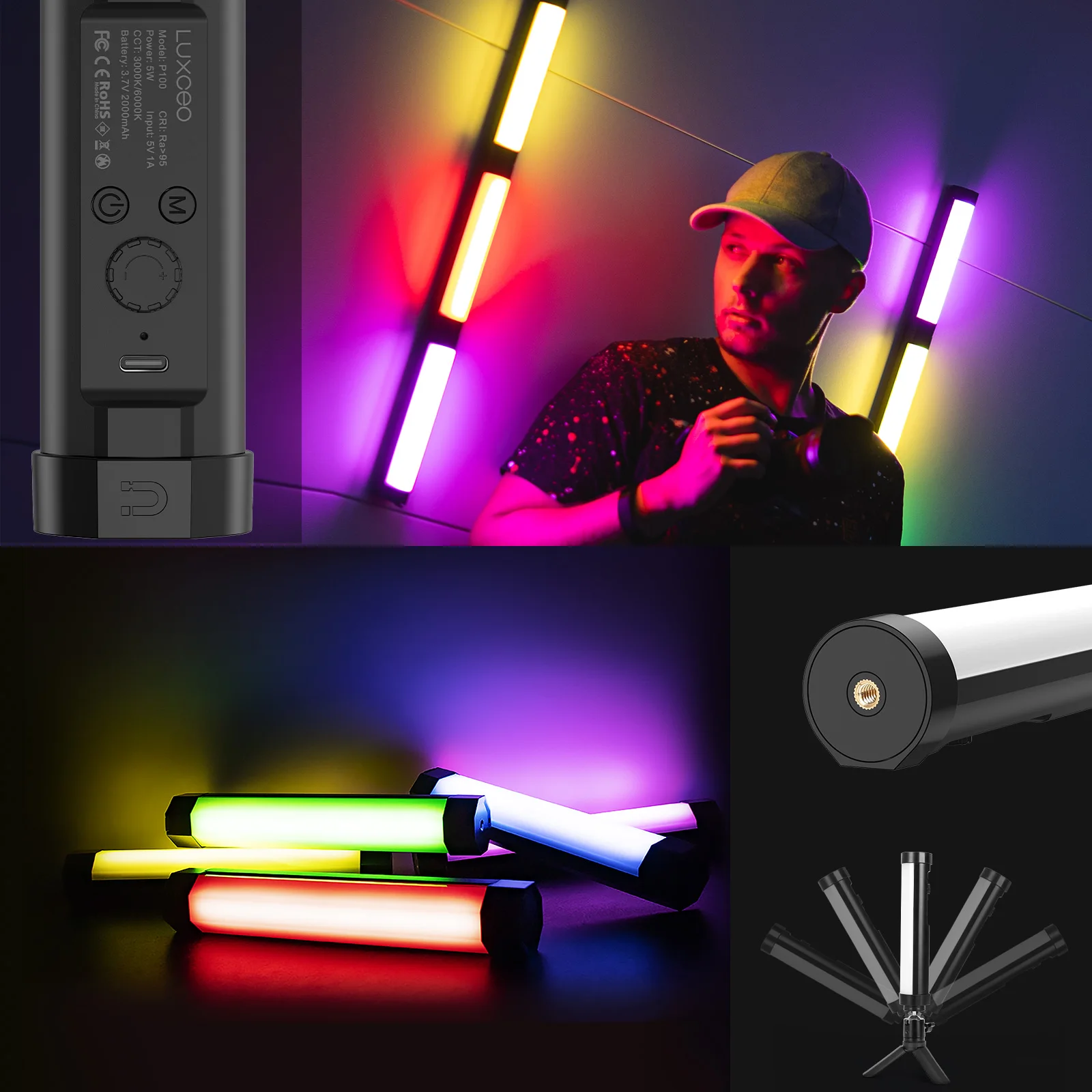 LUXCEO P100 Portable RGB Video Light Wand 2000mAh for Photography Video Shooting Selfie Fill Light Tube for Vlog YouTube TikTok