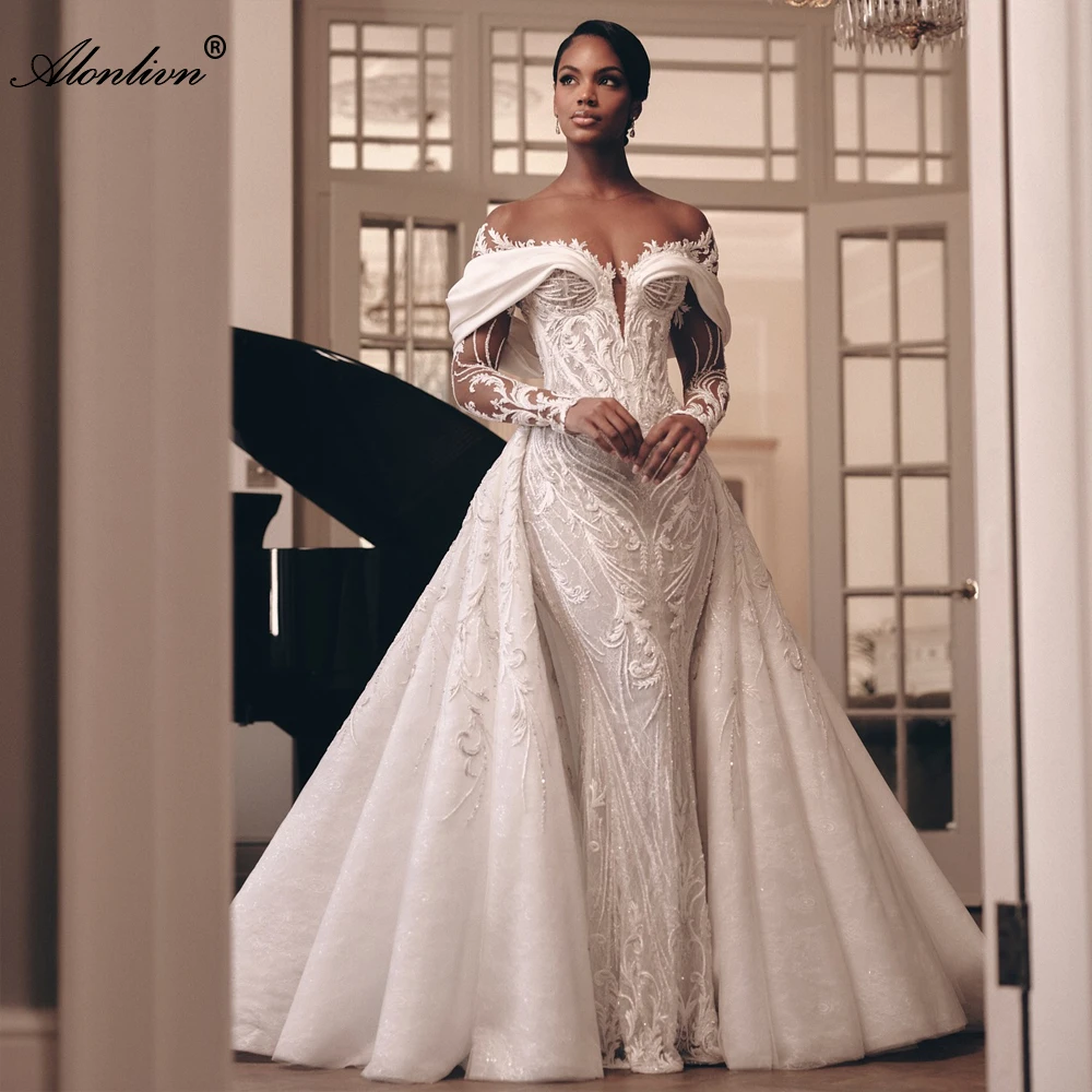

Alonlivn Custom Made Luxury Lace 2 In 1 Mermaid Wedding Dress Beading Embroidery Illusion Neck Trumpet Bridal Gowns