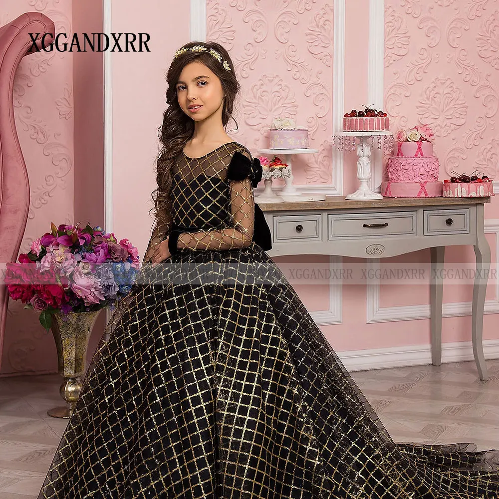 Vestido negro elegante para niña de las flores, minivestido brillante con lazo en la espalda para fiesta de cumpleaños, boda, hija árabe, princesa para graduación, 2024