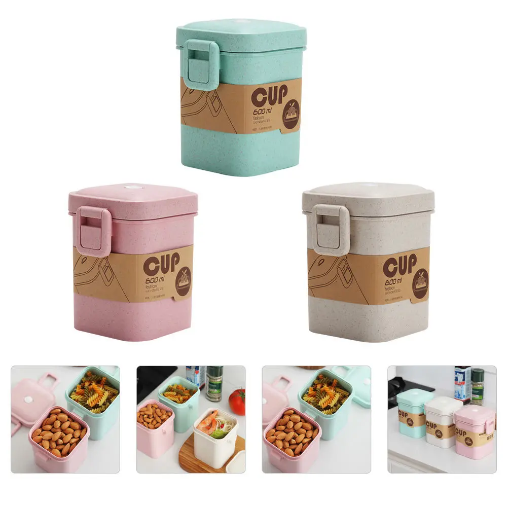 

3pcs Wheat Straw Soup Cups Microwave Safe Portable Breakfast Containers For Food Porridge Leak Proof Square Sealed Cup