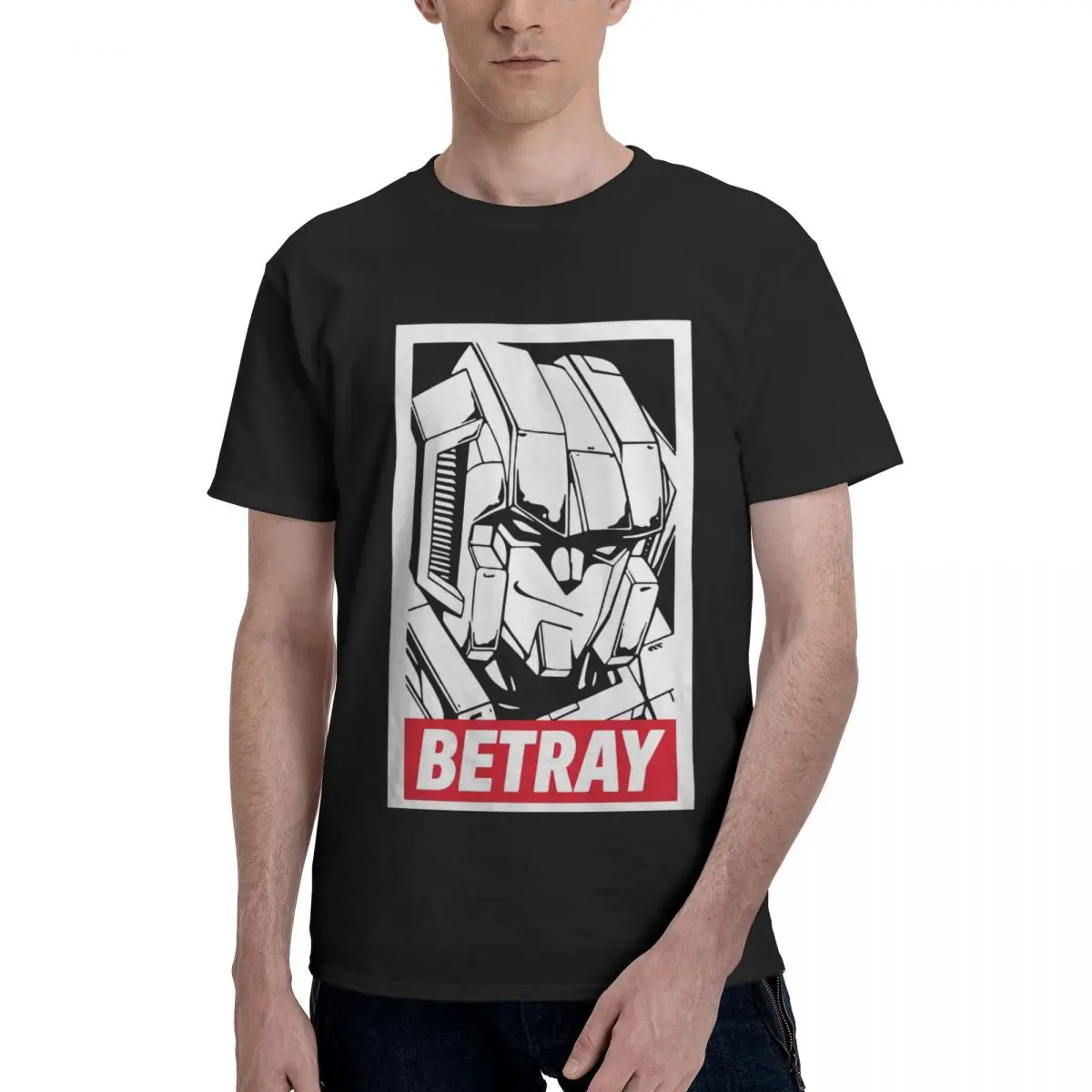 Betray Cartoon Obey Parody Shepard Fairey Starscream Transformer Classic T-Shirt Men's Basic Shirt Black Round Neck Short Sleeve