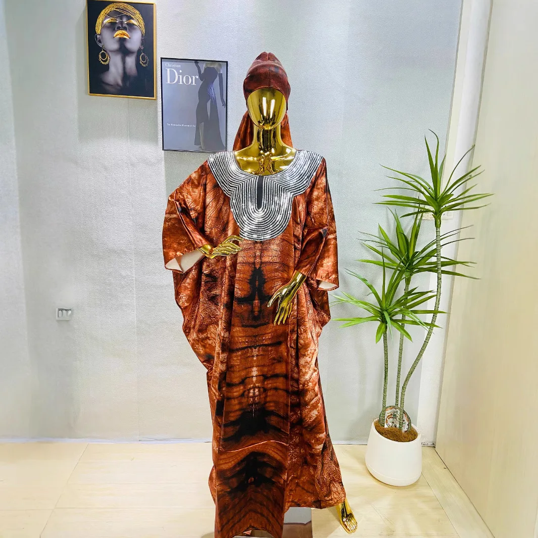 

2025 African New Fashion Women's Elegant Trendy Casual Sequins Printed O-neck Long Sleeve Ankle Length Robes Female Headscraf