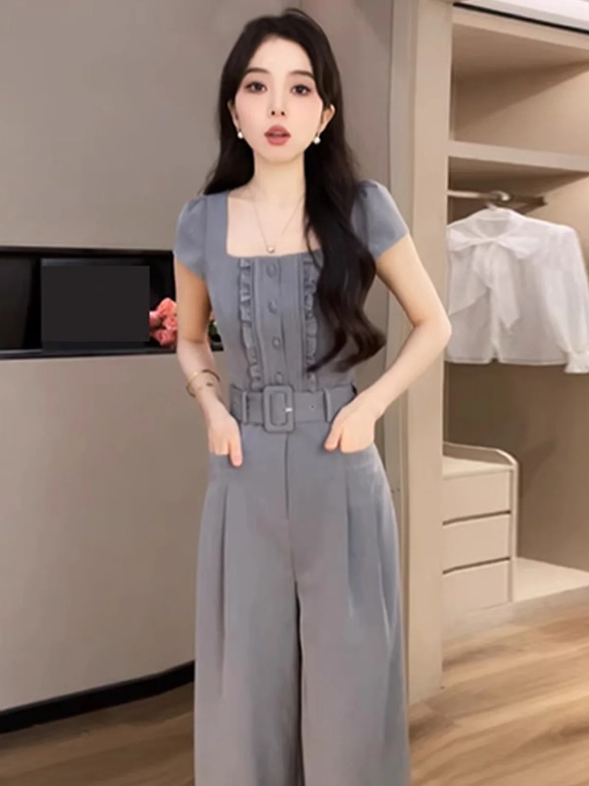 

Korean Sle Versatile Wide Leg Jumpsuit Women's Faionable Commute Ladylike High Waist Long Pants Straight Cut High Quali