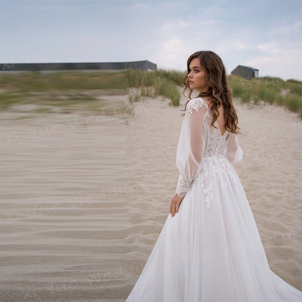 Robe de Mariée Trapèze en Dentelle pour Femme, Sexy, Col en V, Manches sulf, Fente Latérale, Plage, Personnalisée