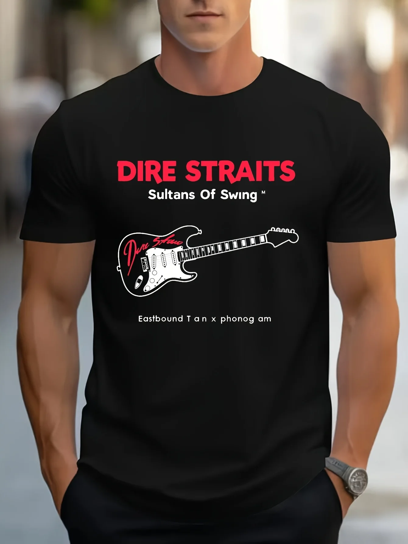 Мужская темно-синяя футболка с рисунком Dire Straits — микроэластичный хлопок, повседневная летняя футболка с гитарным принтом, стандартный крой, Мужская темно-синяя футболка с рисунком Dire Straits — микроэластичный хлопок, повседневная летняя футболка с гитарным принтом, стандартный крой,