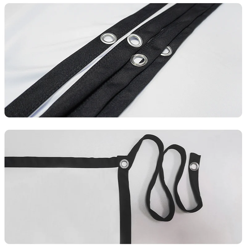 Extensão de tela de projeção de 150 polegadas. A nova tela com furos de suspensão estendidos é mais conveniente para pendurar.