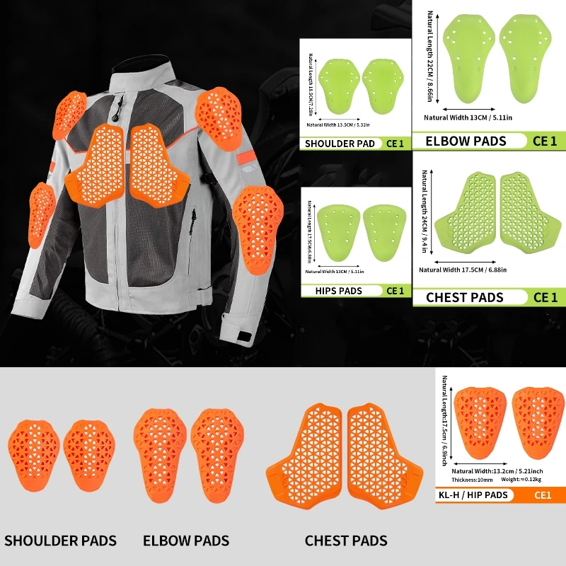 

Orange/Green Motorcycle CE1 Certified Riding Protection Anti-Impact Shoulder/Chest/Elbow/Hip/Knee Pads for Jacket/Pants