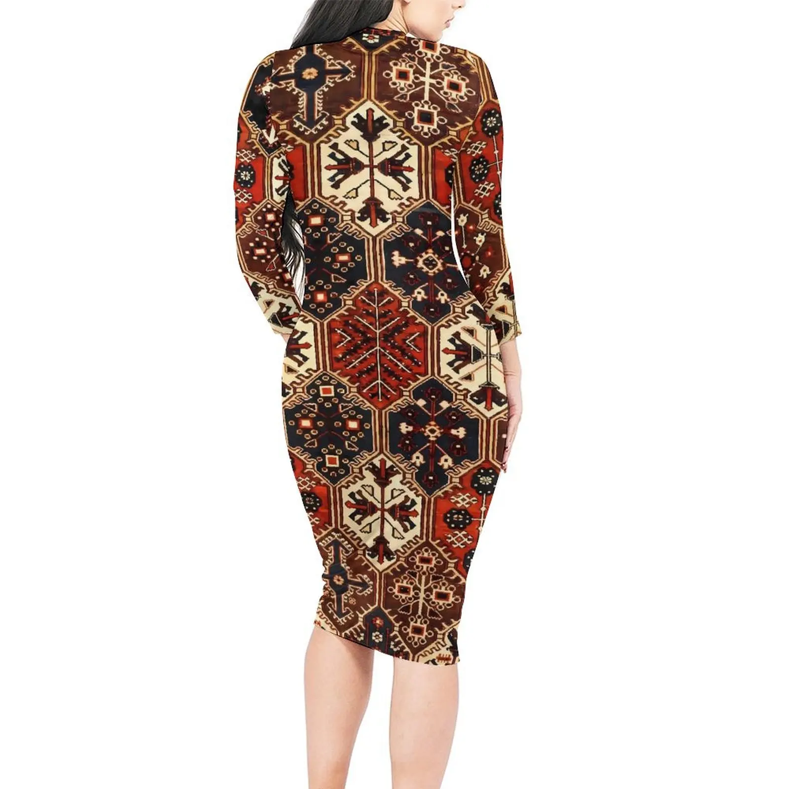 Tribal Vintage Ethnic Dress Women Patchwrok Print Aesthetic Bodycon Dress Holiday Long Sleeve Retro Dresses Oversize Clothing