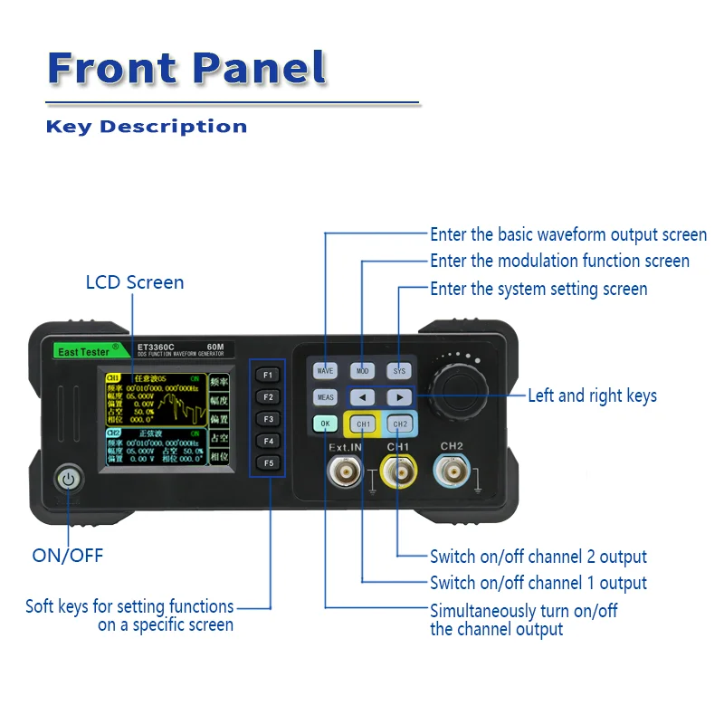 Generador de forma de onda arbitraria con función de doble canal serie ET33C, pantalla LCD de 2,4 "320x240TFT ET3320C/ ET3340C/ ET3360C