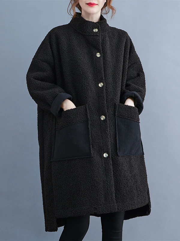 

Thiened Teddy Velvet Coat Stand Collar Asymmetrical Medium Length Single Button Women's plus Size Autumn Winter Outerwear