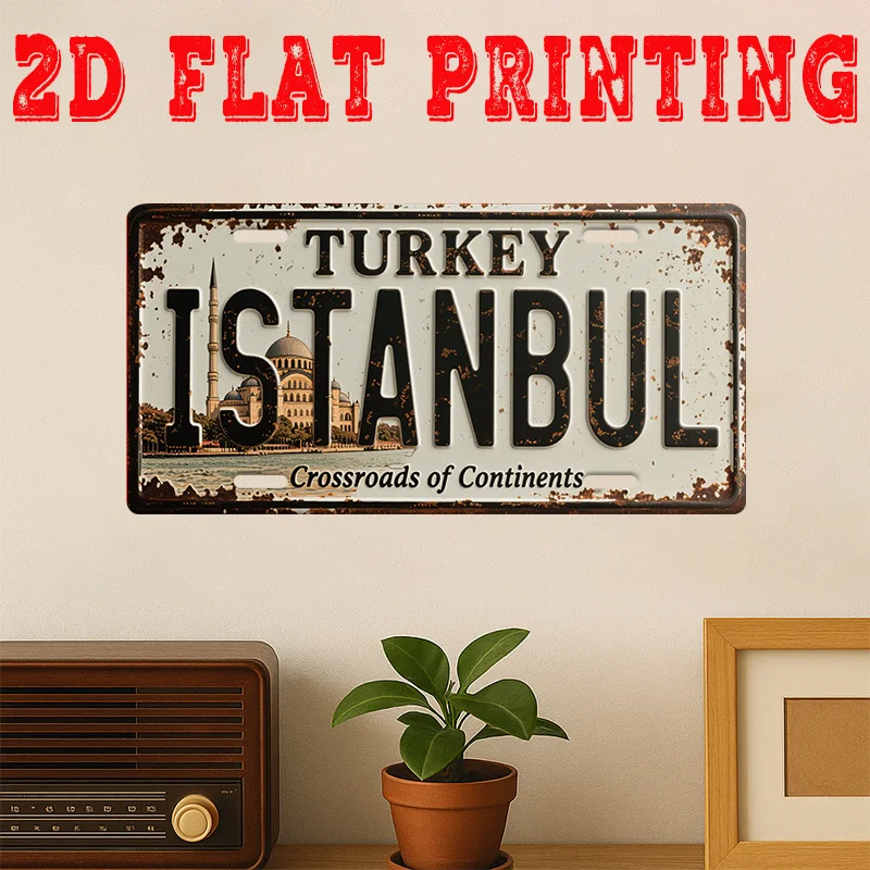 2D Flat - Vintage Metal Sign Featuring Istanbul And Constantinople in a 2D Flat Design - Hagia Sophia Retro Wall Art, Landmarks