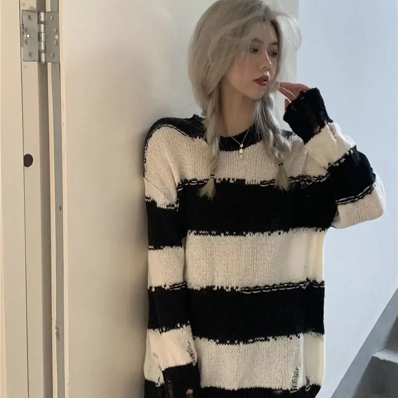 Sweater Pullovers Women Autumn Winter Female Sexy Striped Long Sleeve Knit Streetwear Y2K Vintage Hollow Out Loose Hole Gothic