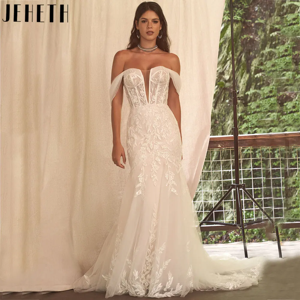 JEHETH Romantic Off Shoulder Mermaid Wedding Gown Luxury Appliques Backless Tulle Bride Dress Custom Made vestidos de novia 2024