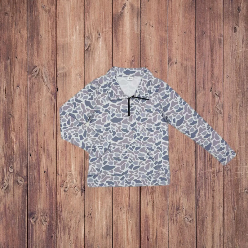 

3.14 GT0832 Adult Women's Camouflage Grey Blue Zipper Long Sleeve Top with Pocket Fashionable Military Print T-Shirt for Ladies
