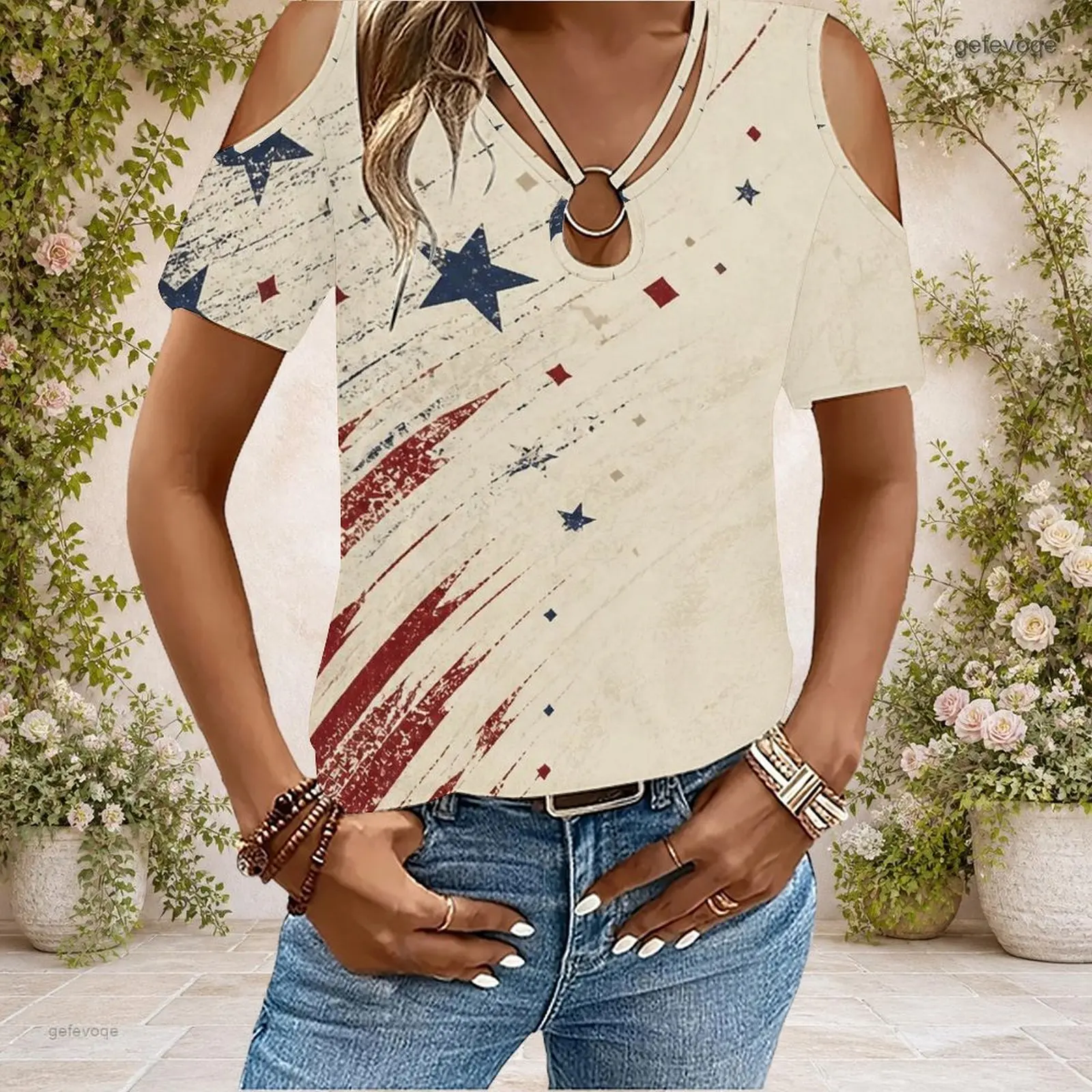 Women Cold Shoulder Short Sleeve T Shirt V Neck O Ring Keyhole Cutout Loose Casual Top Custom Print Ladies Daily Blouse - view 5