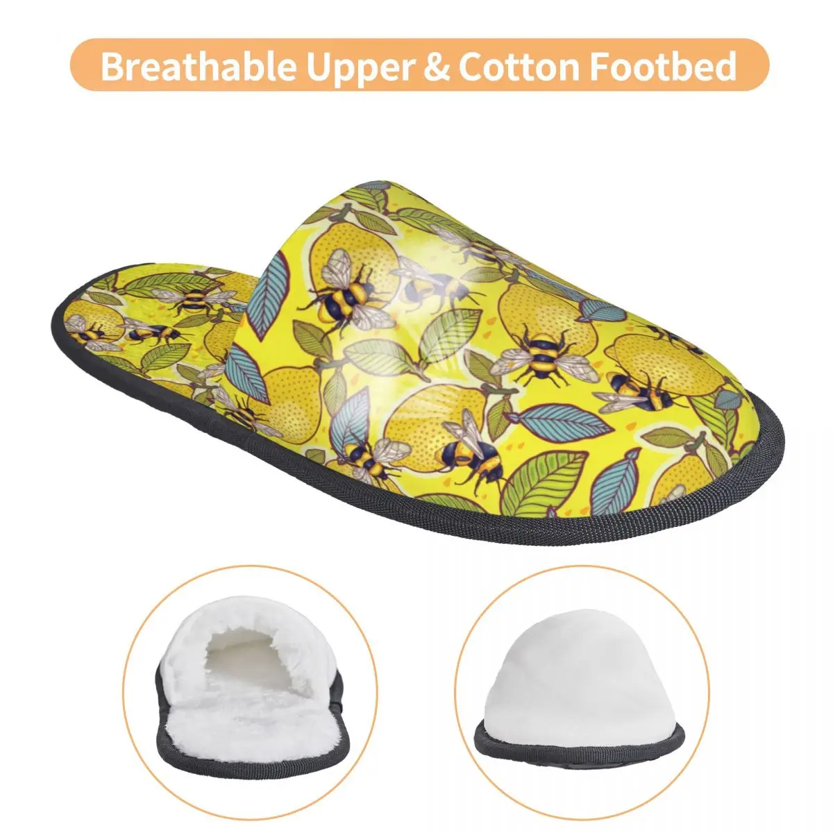 Custom Print Women Yellow Lemon And Bee Pattern House Slippers Cozy Warm Memory Foam Fluffy Slipper Indoor Outdoor Shoes