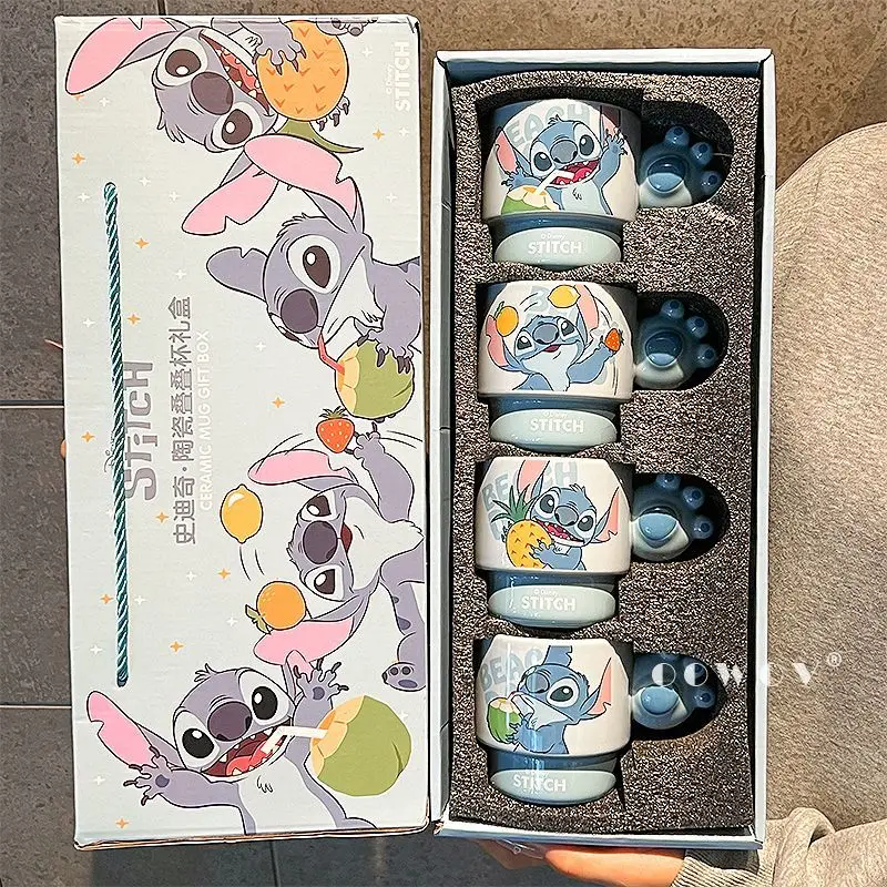 

New Stitch ceramic mug Cute cartoon coffee cup Household breakfast cup Water cup Gift box with lid spoon Christmas birthday gift