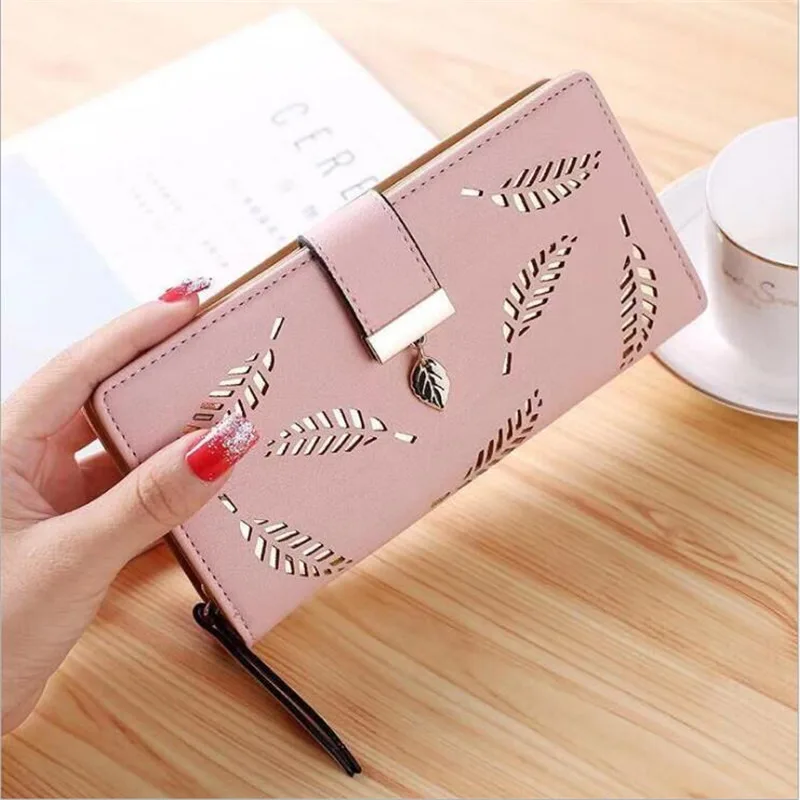 

2023 Women Wallet PU Leather Purse Female Long Wallet Gold Hollow Leaves Pouch Handbag for Women Coin Purse Card Holders Clutch