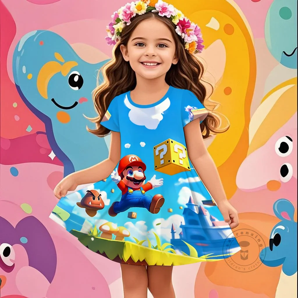 

Космическое платье для девочек с 3D принтом Magical Mario Galaxy, летнее кавайное платье с короткими рукавами и круглым вырезом со звездами, возраст 3-14 лет