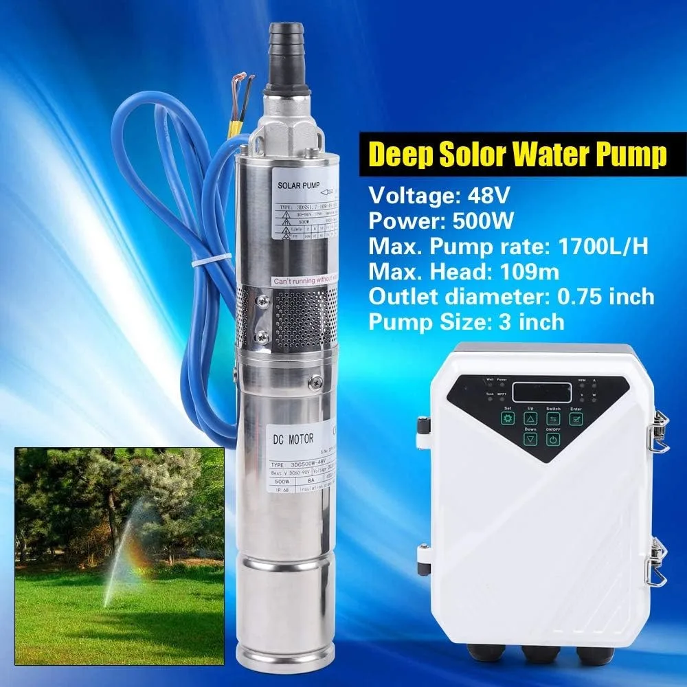 

500W 48V Solar Water Pumps Max Head 357.6ft Deep Well Submersible Pumps with MPPT Controller Float Switch Kits for Home or Farm