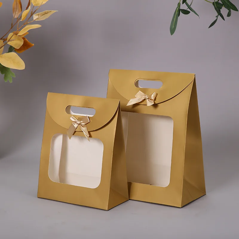 1 PCS Portable Packaging Bag Simple Transparent Window Gift Bag Durable Kraft Paper Bag with Handle for Wedding