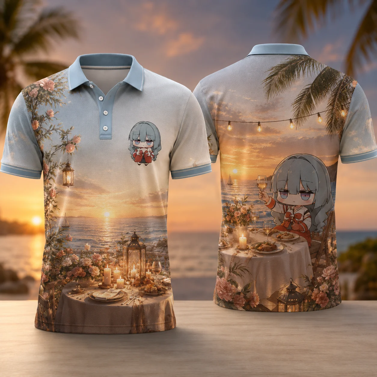 Phrolova Chibi Anime Coconut Beach Polo Shirt Kawaii Manga Girl 3D Print Quick Dry Breathable Tropical Summer Vacation Top
