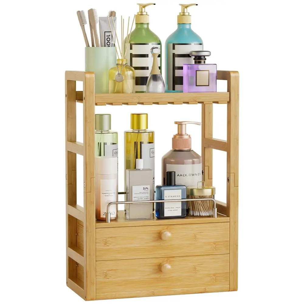 

Bamboo Bathroom Countertop Organizer, 2Tier Makeup Organizer with 2 Drawers, Vanity Organizer Storage Coffee Matcha Station, Co
