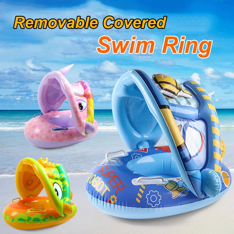 Inflatable Baby Swim Ring Seat Floating Sun Shade Toddler Swim Circle Outdoor Swimming Pool Bathtub Beach Party Summer Water Toy