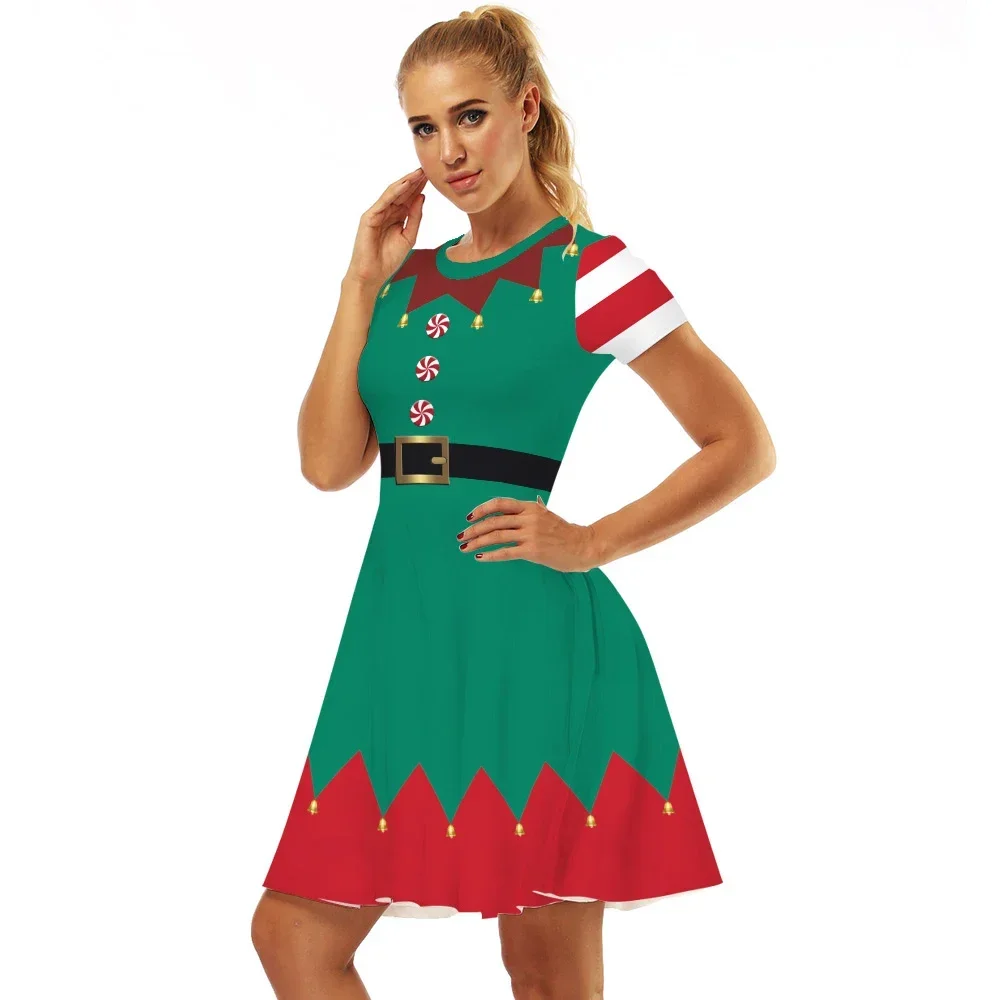 Christmas Dress for Women Green Xmas Tree Printed Women Dress Party Santa Cosplay Costume Disguise Adult Clothing Dress Up