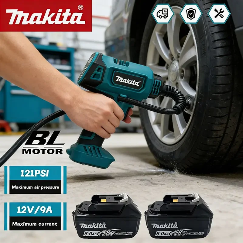 

Беспроводной электрический воздушный насос Makita, перезаряжаемый автоматический насос для накачивания автомобильных шин, портативный инструмент для дома, работает от аккумулятора 18В.