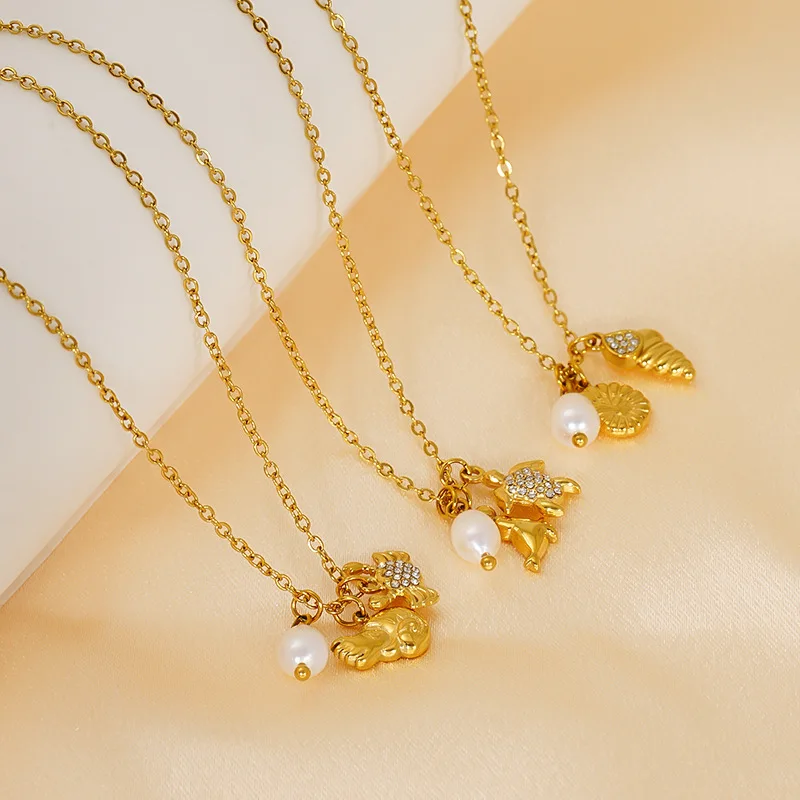 

10Pcs Fashion Jewelry Ocean Series Stainless Steel Gold Plated Set with Diamond Starfish Pendant Pearl Necklace for Women