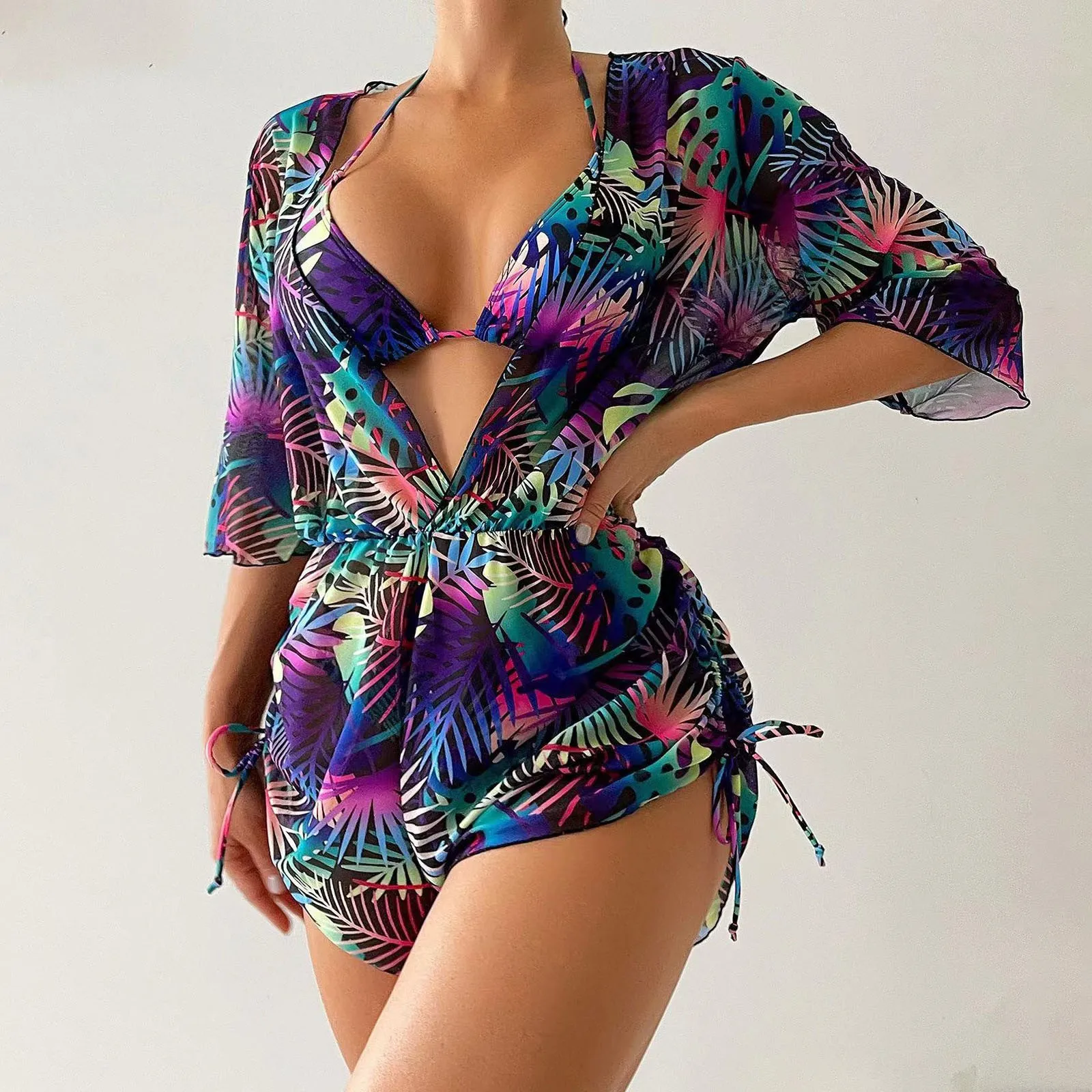 2024 New Women's Summer Leaf Print Bikini Deep V Gathering Sexy Three Swimwear For Women