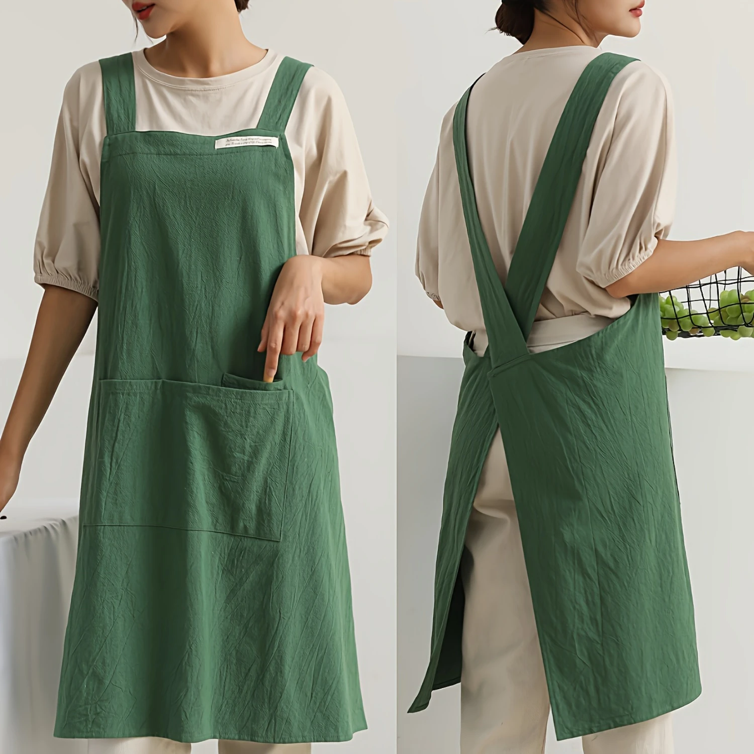 1pc Apron, Multifunctional Cotton Cross Back Apron With Pockets, Household Durable Solid Color Stain-Resistant Work Apron, For C