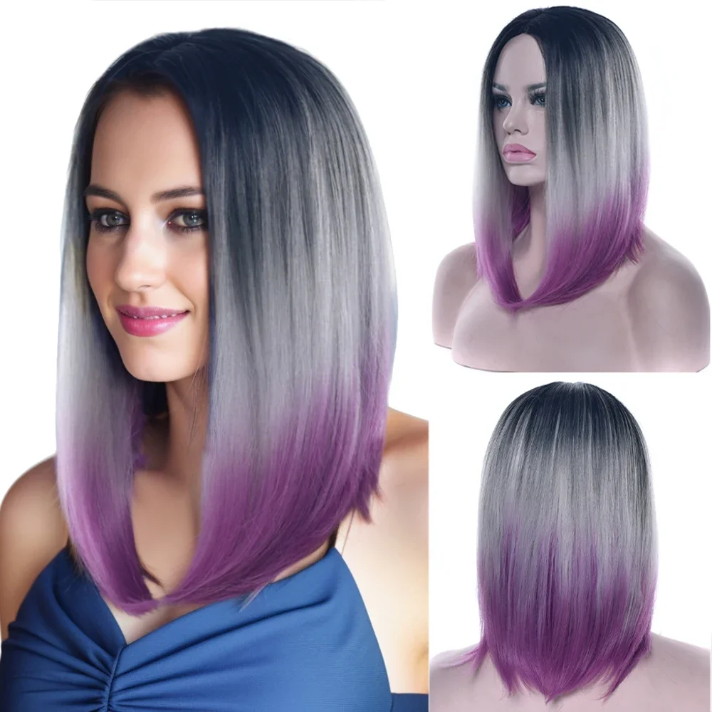 

Soowee Synthetic Hair Black To Gray Purple Ombre Hair Short Bob Short Wigs for Women Straight Hair Cosplay Wig