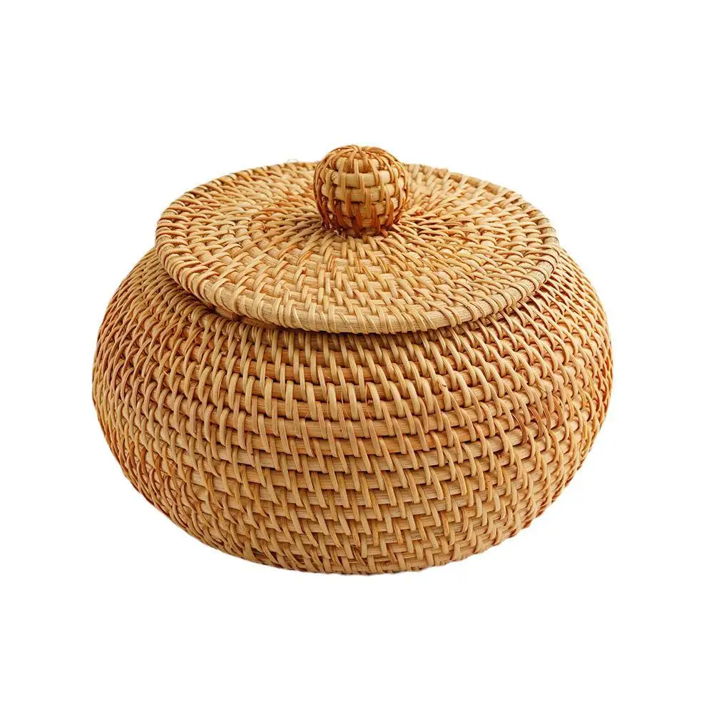 Round Rattan Box With Lid Hand-Woven Multi-Purpose Wicker Storage Desktop Bread Decoration Food Basket Storage Picnic Tray Q4R4