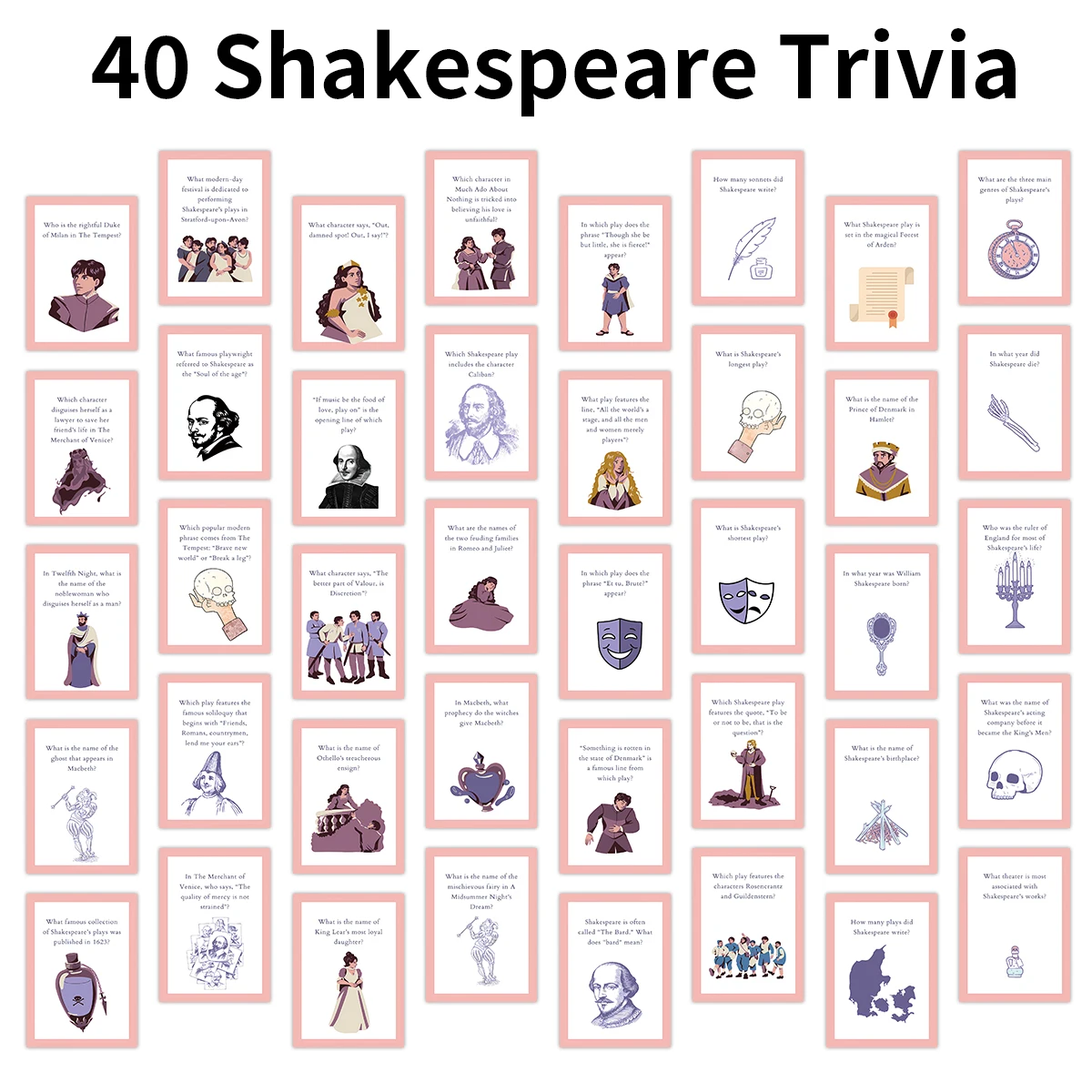 40 قطعة من بطاقات Trivia-بطاقات ألعاب مسابقة الأدب الإنجليزي، بطاقات فلاش تعليمية ممتعة، اقتباسات مسرحيات شكسبير، تعلم الفصول الدراسية