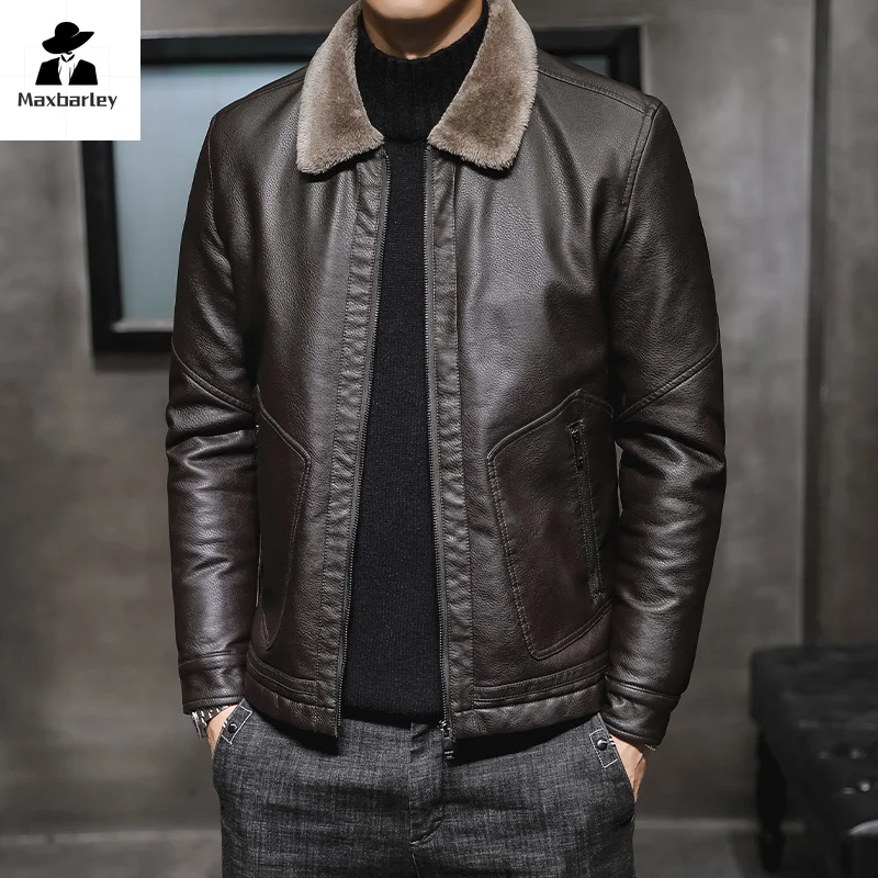 2024 Men's Leather Coat Winter Large Size Jacket with Fur Collar and Long Sleeve Wool Lining Casual Motorcycle PU Leather Coats