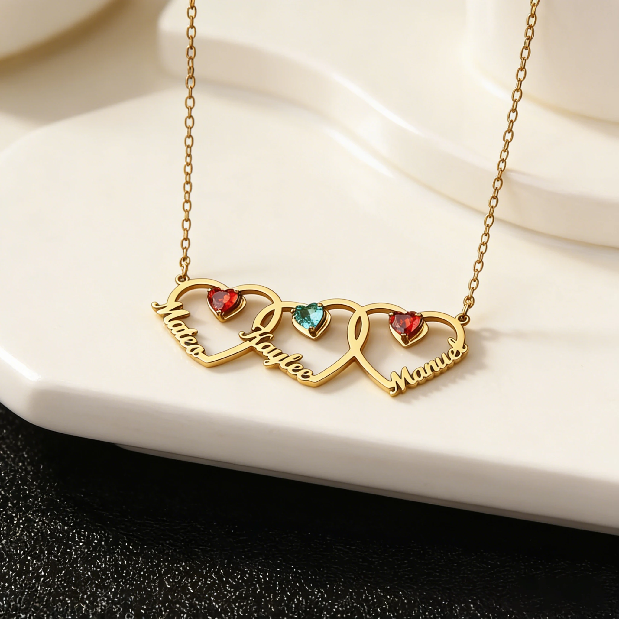 Haiyufly Custom Multiple Name Heart Necklace for Women with Birthstone Stainless Steel Jewelry Chain Personalized Birthday Gift