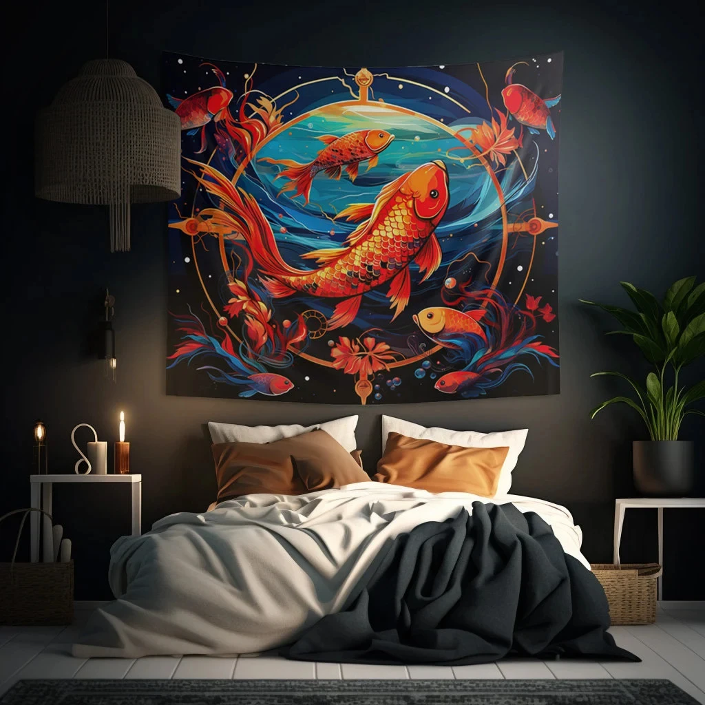 VIKAMA Black Gold Koi Carp Tapestry Universe Star Array Background Cloth Zen Feng Shui Living Room Decoration Room Decoration