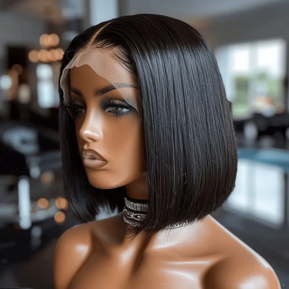

Short Straight Bob Human Hair Wigs Brazilian Remy 13x4 Lace Front Wigs Human Hair 220% Density Pre Plucked Natural Black Color
