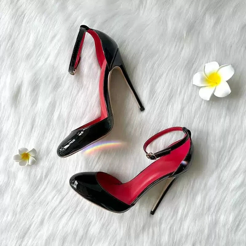 New round headed patent leather one-piece buckle ankle strap for women, slim and sexy hollow high-heeled sandals for women